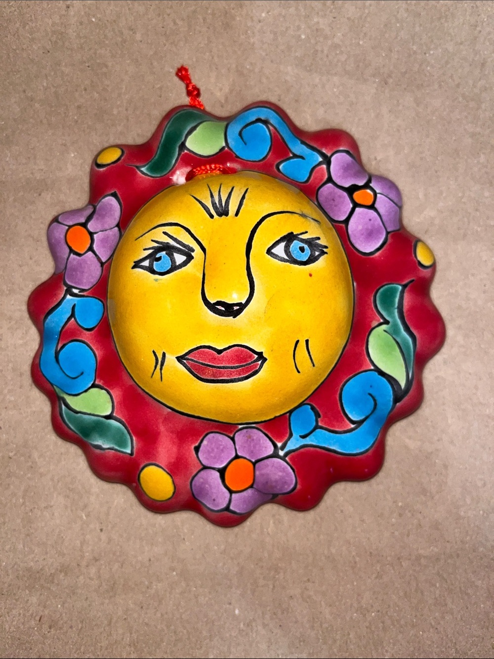 Mini Talavera Sun Wall Hanging – Hand-Painted Mexican Pottery Sun Face 5.5”